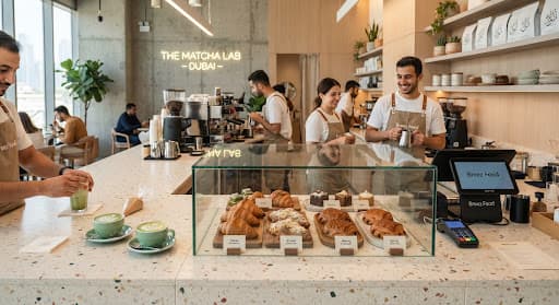 A café counter with a Breez Food till next to the pastry display