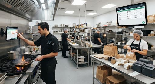 A busy commercial kitchen with order screens on the wall