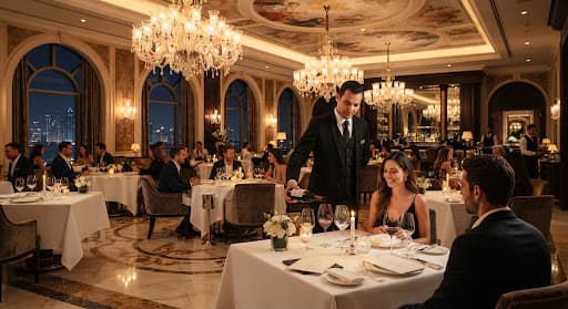 A waiter serving guests in an elegant dining room
