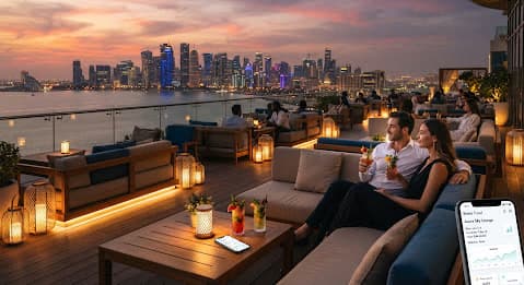 Guests relaxing on a rooftop lounge at sunset