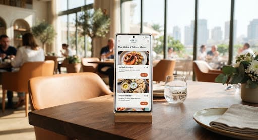 A phone on a restaurant table showing the Breez digital menu