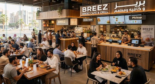 A busy Breez café and grill with staff at the order counters