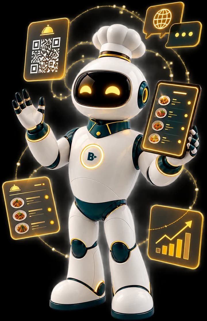 The Breez Food robot chef holding a QR menu and an order tablet